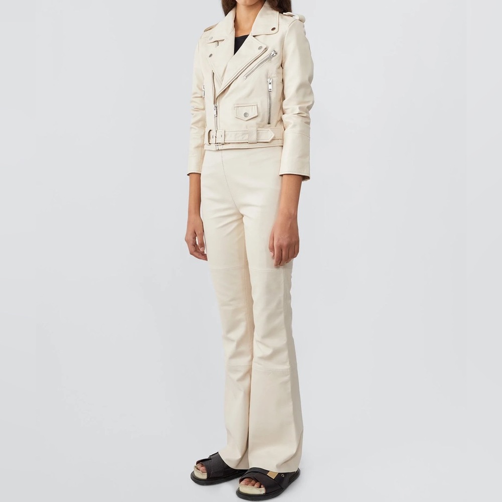 DEADWOOD Joan Leather Cropped Moto Jacket XS - S off white NWT urban outfitters